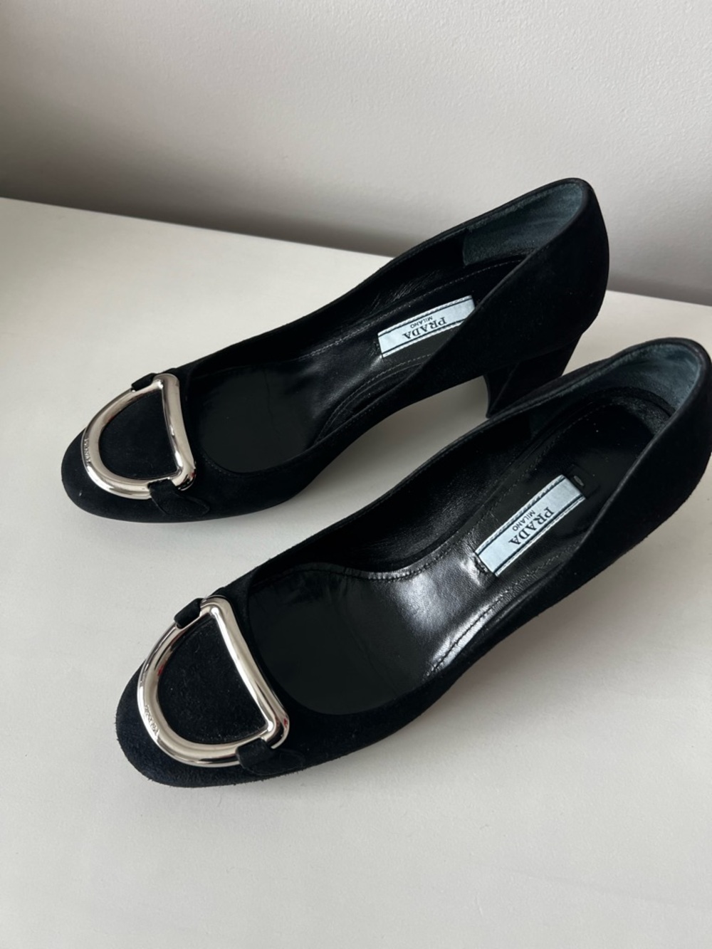 Prada Black Suede Pumps with Silver Buckle - Picture 3 of 10